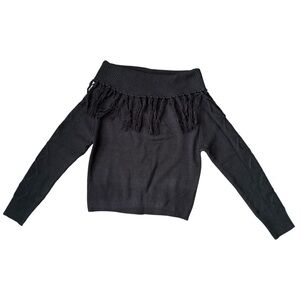 Black Off-the-Shoulder Sweater Fringe Ribbed Knit NWT